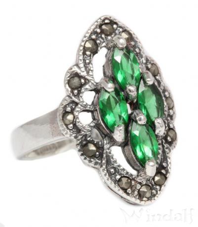 WINDALF Damen Ring ARYANA 21 mm Grüner Smaragd Markasitring Silber WINDALF Damen Ring ARYANA 21 mm Grüner Smaragd Markasitring Silber - Windalf.de