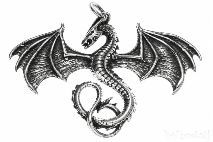WINDALF Drachen Schmuck Anh&auml;nger DARK DRAGON 4.9 cm Silber - Windalf.de