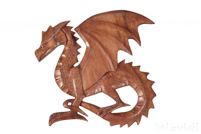 Holz Drache ~ TIAMA ~ h: 28 cm - links schauend - Wanddeko - Handarbeit