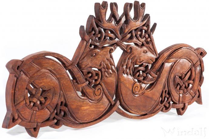WINDALF Celtic Wandbild DVALIN 55 cm Keltische Hirsche Wandrelief Handarbeit Holz - Windalf.de