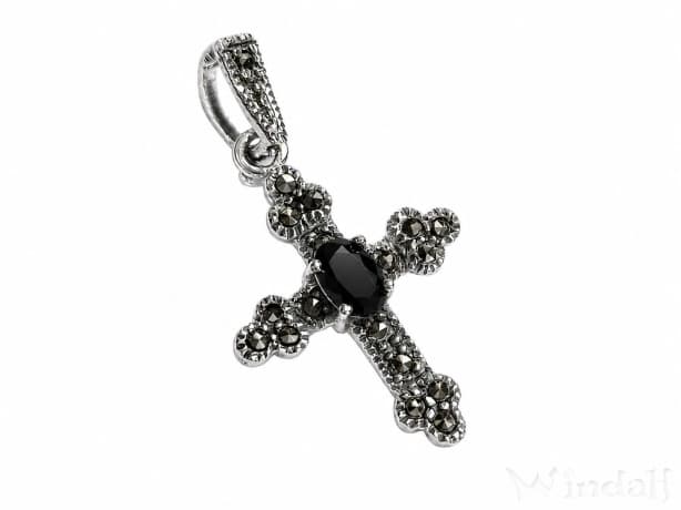 WINDALF Kleiner Kreuzanh&auml;nger LARA 3.2 cm Schwarzer Stein Silber - Windalf.de