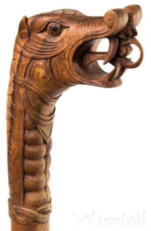 WINDALF Mittelalter Wanderstab TYRION 180 cm Wikinger Drache Handarbeit aus Holz - Windalf.de