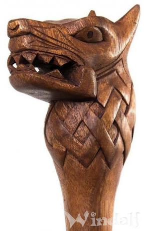 WINDALF Wikinger Wanderstab FENRIR 130 cm  Fenriswolf Wanderstock Handarbeit aus Holz - Windalf.de