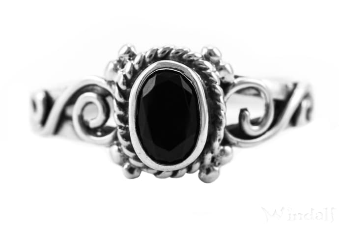 WINDALF Schmaler Damen Ring AMADA 8 mm Schwarzer Stein Spirals of Life Silber - Windalf.de