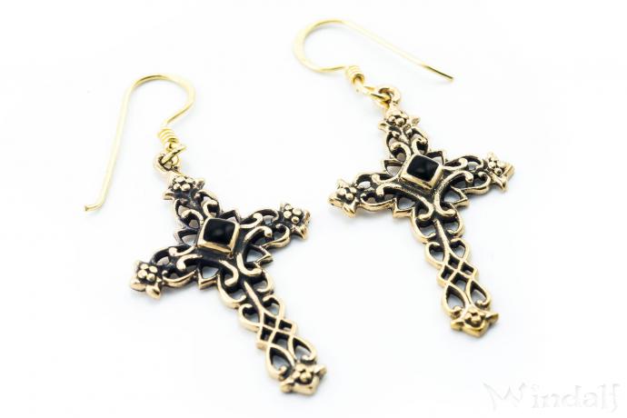 WINDALF Ohrhänger LUCAN 4.9 cm Gotische Kreuze mit Onyx Trachtenschmuck Bronze - Windalf.de
