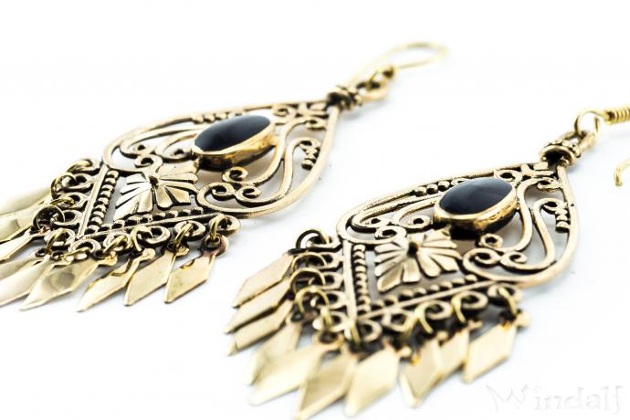 WINDALF Lange Ohrhänger THORA 7.4 cm Bohemian Ohrschmuck Schwarzer Onyx Handarbeit Bronze - Windalf.de
