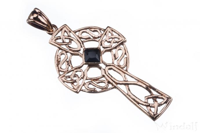 WINDALF Schmuck Anhänger ARCANA 5.5 cm Keltisches Kreuz Schwarzer Stein Bronze - Windalf.de