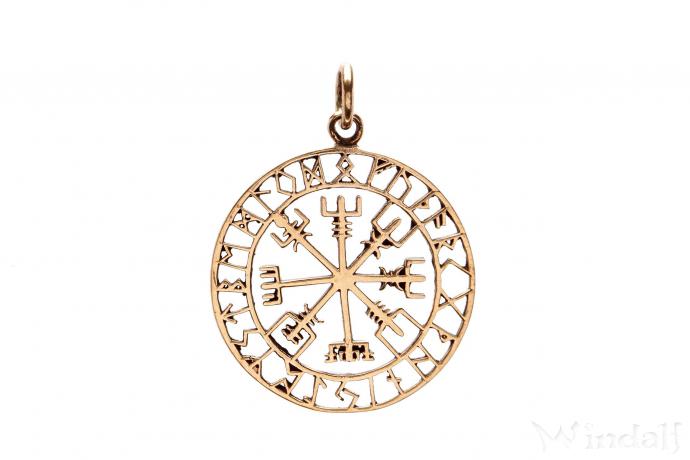 magischer Vegvisir Wikinger Schmuckanhänger Kompass aus Bronze Runenkreis M21453 