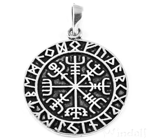 WINDALF Vikings Schmuck Anhänger VEGVISIR Ø 2.7 cm Wikinger Kompass mit Runen Silber - Windalf.de