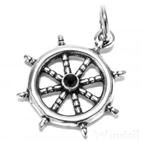 WINDALF Seemanns-Schmuck Anhänger CARDEN Ø 2 cm Steuerrad Schwarzer Stein Silber - Windalf.de