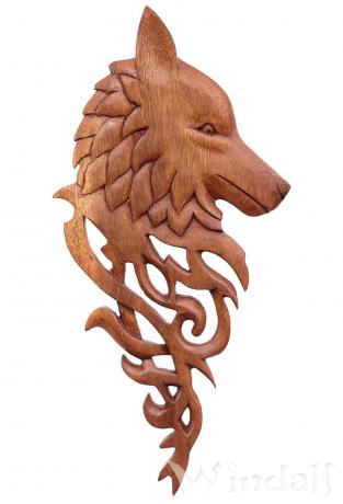 WINDALF Wolfs-Kopf Wandrelief YURI 40 cm Rechts schauend Vikings Wolf mit Ornamenten Holzbild Handarbeit Holz - Windalf.de