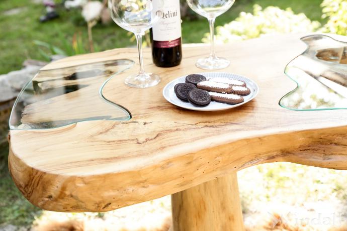 WINDALF Hoher Rustikaler Küchen-Tisch mit 2 Glasplatten GOLDBLUME 85 cm