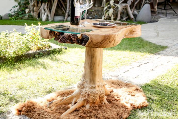 WINDALF Hoher Rustikaler Küchen-Tisch mit 2 Glasplatten GOLDBLUME 85 cm