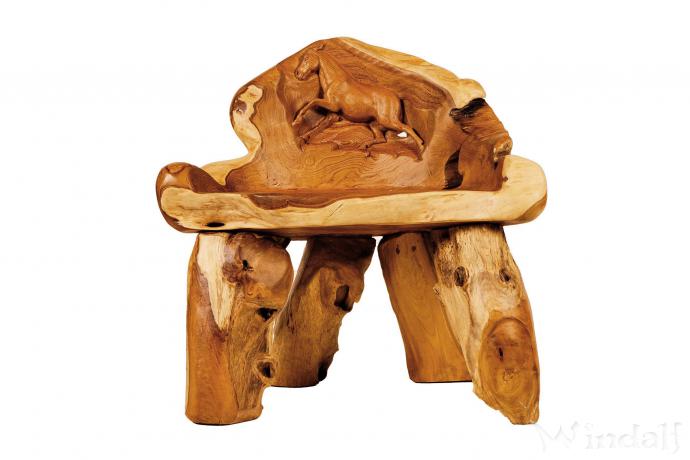 WINDALF Rustikaler Stuhl mit Pferd ABRAXAS 78 cm Kleine Küchen Sitzbank Handarbeit aus Wurzelholz - Windalf.de