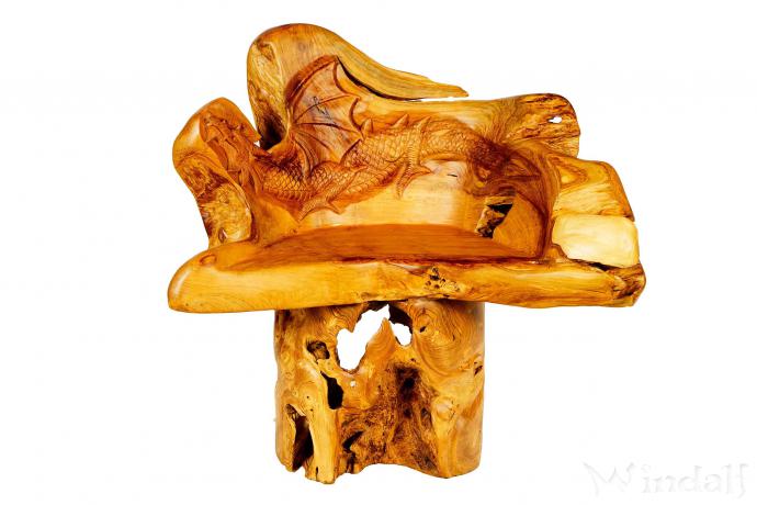 WINDALF Rustikaler Hocker mit Drachen DROGON 86 cm Natur Küchen Drachen-Stuhl Handarbeit aus Wurzelholz - Windalf.de