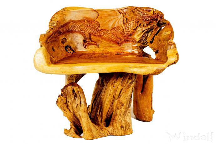 WINDALF Massiver Holzstuhl mit Drachen NACHTSCHATTEN 80 cm Hocker Handarbeit aus Wurzelholz - Windalf.de