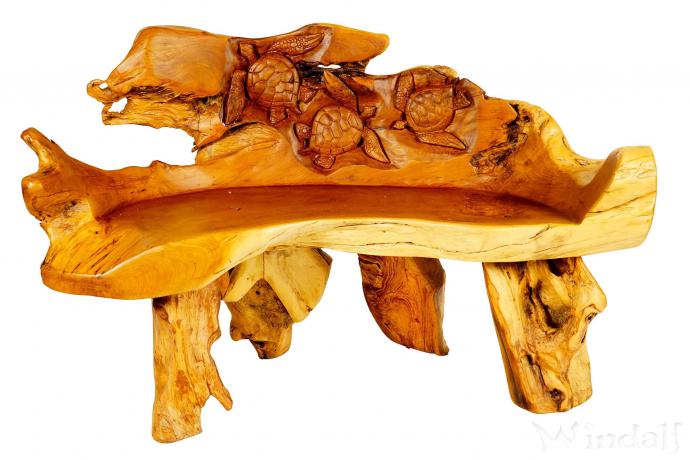 WINDALF Natur Sitzbank mit 3 Glücks-Schildkröten ELANOR  129 cm Familien Garten-Holzbank Bohemia Handarbeit aus Wurzelholz - Windalf.de