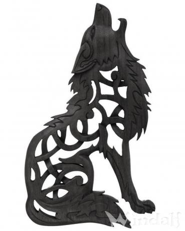 WINDALF Wolf Holzbild FENRIS 35 cm Vikings Wandrelief Schwarz Rechts schauend Handarbeit Holz - Windalf.de
