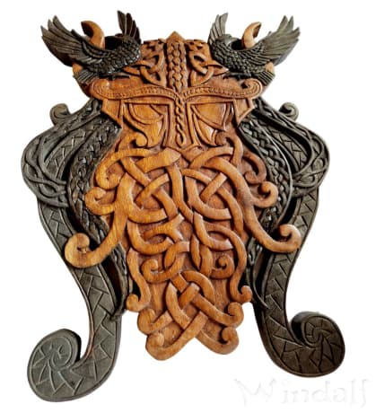 WINDALF Nordic Vikings Holzkunst WOTAN 37 cm Odins Maske als Wandornament Handarbeit aus Holz - Windalf.de