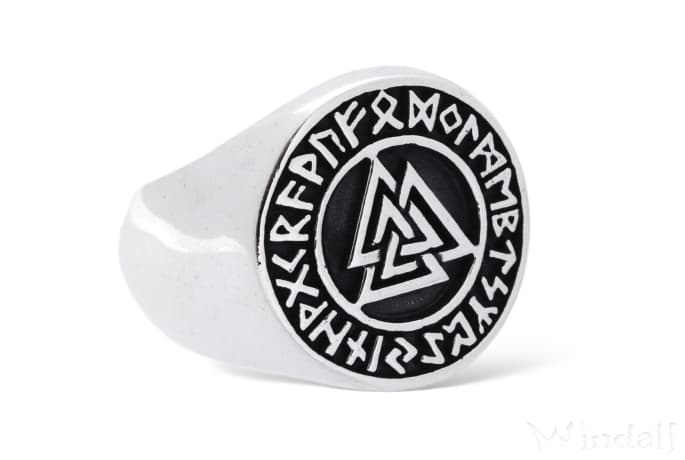 WINDALF Vikings Runenring VALKNUT 17 mm Wotansknoten mit Runen Siegelring Silber WINDALF Vikings Runenring VALKNUT 17 mm Wotansknoten mit Runen Siegelring Silber - Windalf.de