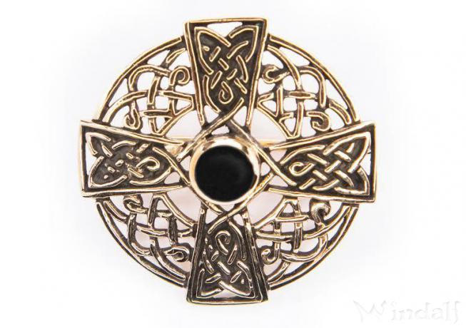 WINDALF Keltische Fibel NAMIDA Ø 3.5 cm Keltisches Kreuz Brosche mit Schutz Onyx Bronze - Windalf.de