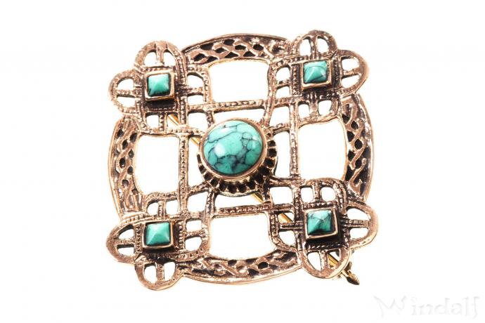 WINDALF Mittelalter Fibel THURA Ø 4.1 cm Brosche mit Türkissteinen Bronze WINDALF Mittelalter Fibel THURA Ø 4.1 cm Brosche mit Türkissteinen Bronze - Windalf.de